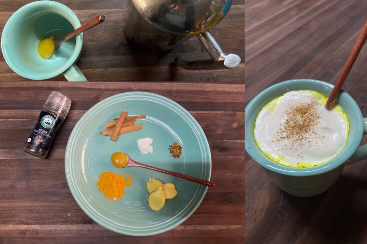 Plate with spices for spiced milk on wooden table, finished drink for colds, flu or sore throat
