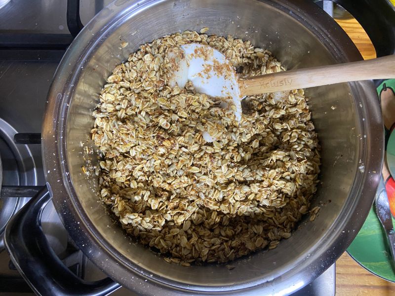 granola stirred in a pot