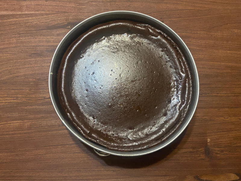 Double Chocolate (Healthy) Baked Cheesecake baked and cooling