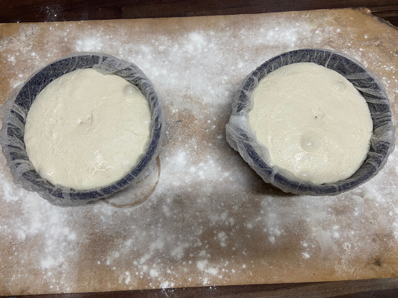 Sourdough ciabatta dough in proofing bowls from the fridge