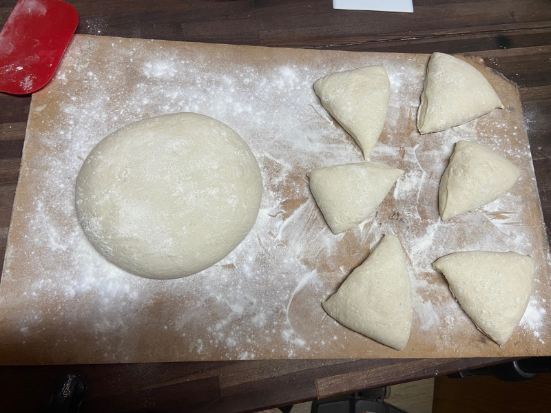 Sourdough ciabatta in process to be cut