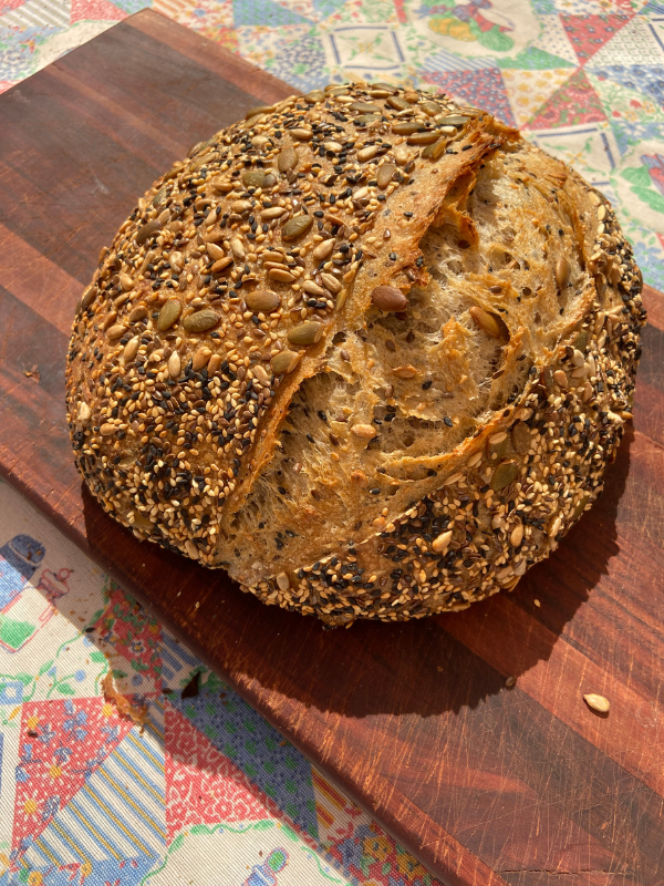 Multi Seed Sourdough Bread with pumpkin seeds, sunflower seeds, falx seeds, white sesame seeds and black sesame seeds