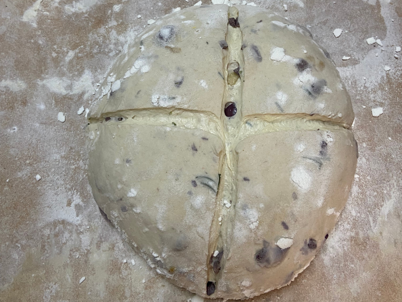 Sourdough Olive, Roasted Garlic and Rosemary Bread ready to be baked