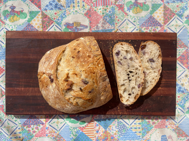Sourdough Olive, Roasted Garlic and Rosemary Bread on display